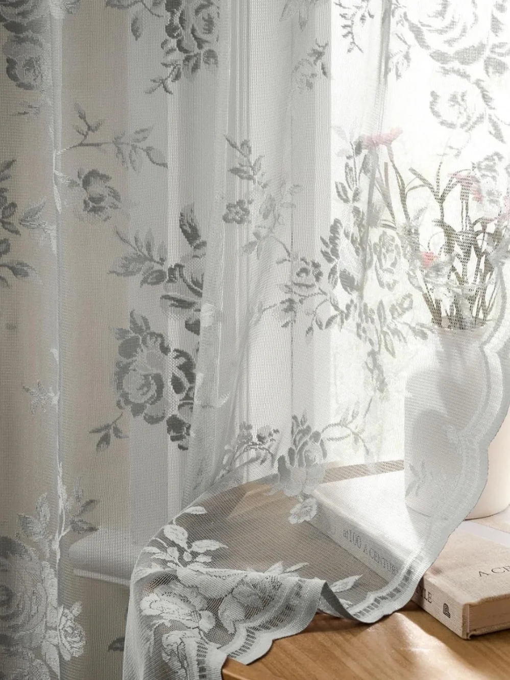 Seekright Sheer Gray Lace Floral Window Curtain Panel Set of Two!